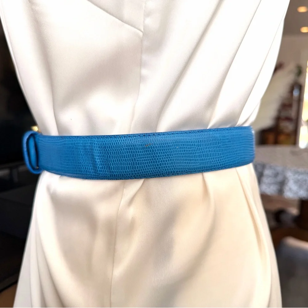 Liz Claiborne Blue Leather Belt with Gold Buckle